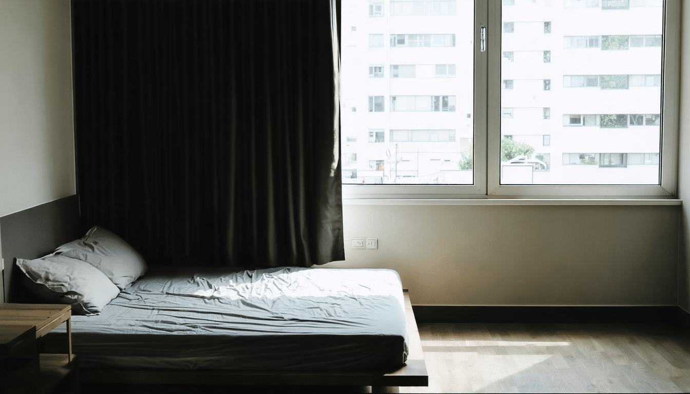 dans cet appartement de 55 m², un coin nuit intime prend forme sans cloisonner l’espace : une astuce d’aménagement lumineuse et bien pensée.